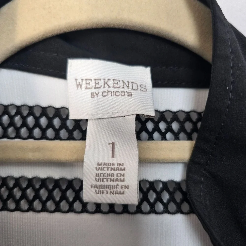 Weekends by Chico's Blazer Jacket Women Medium Full Zip‎ Black Striped Nautical